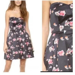 Jill Stewart | Black Floral Satin Strapless Sweetheart Neckline Cocktail Size 6